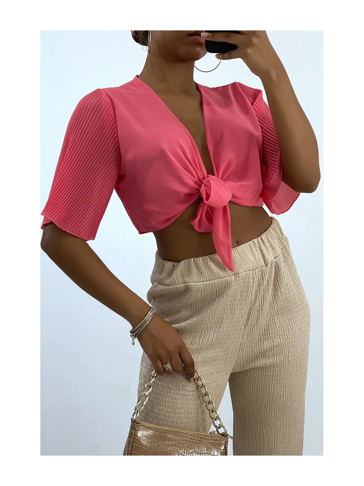 Crop top à nouer fuchsia avec manches plissée 
